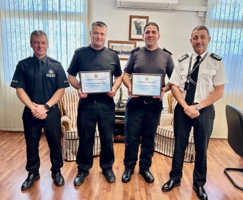 From left to right, Superintendent Nolan Romero, 
Police Sergeant Douglas Balloqui, 
Police Constable Mondir Benhakim, 
Commissioner of Police Richard Ullger